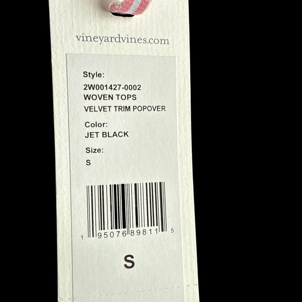 Vineyard Vines Velvet Trim Blouse Top Black Collared V-Neck, Size Small, New wit - Picture 3 of 4